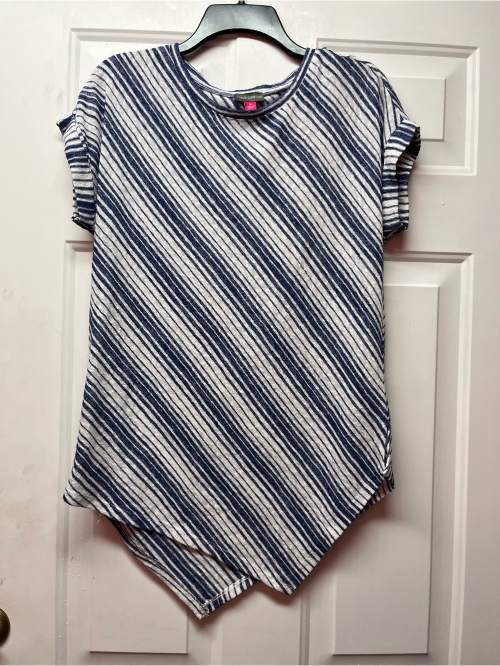 Vince Camuto Blue & White Diagonal Stripe Short-Sleeve Tunic